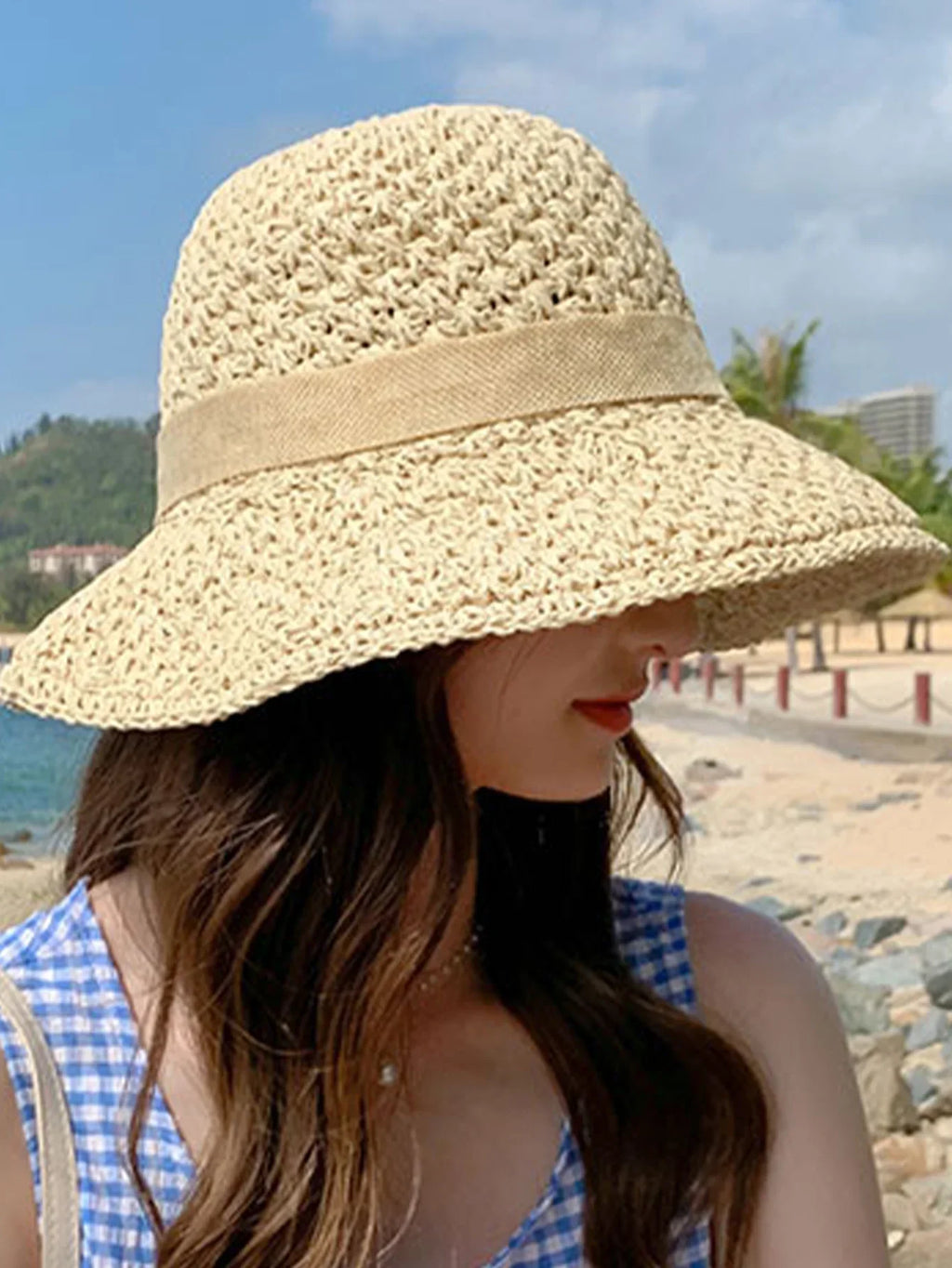 Frida Women Summer Straw Ribbon Wide Brim Bucket Hat