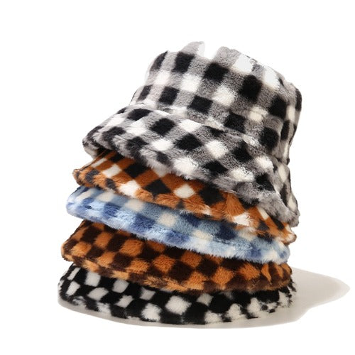 Plaid Fur Bucket Hat