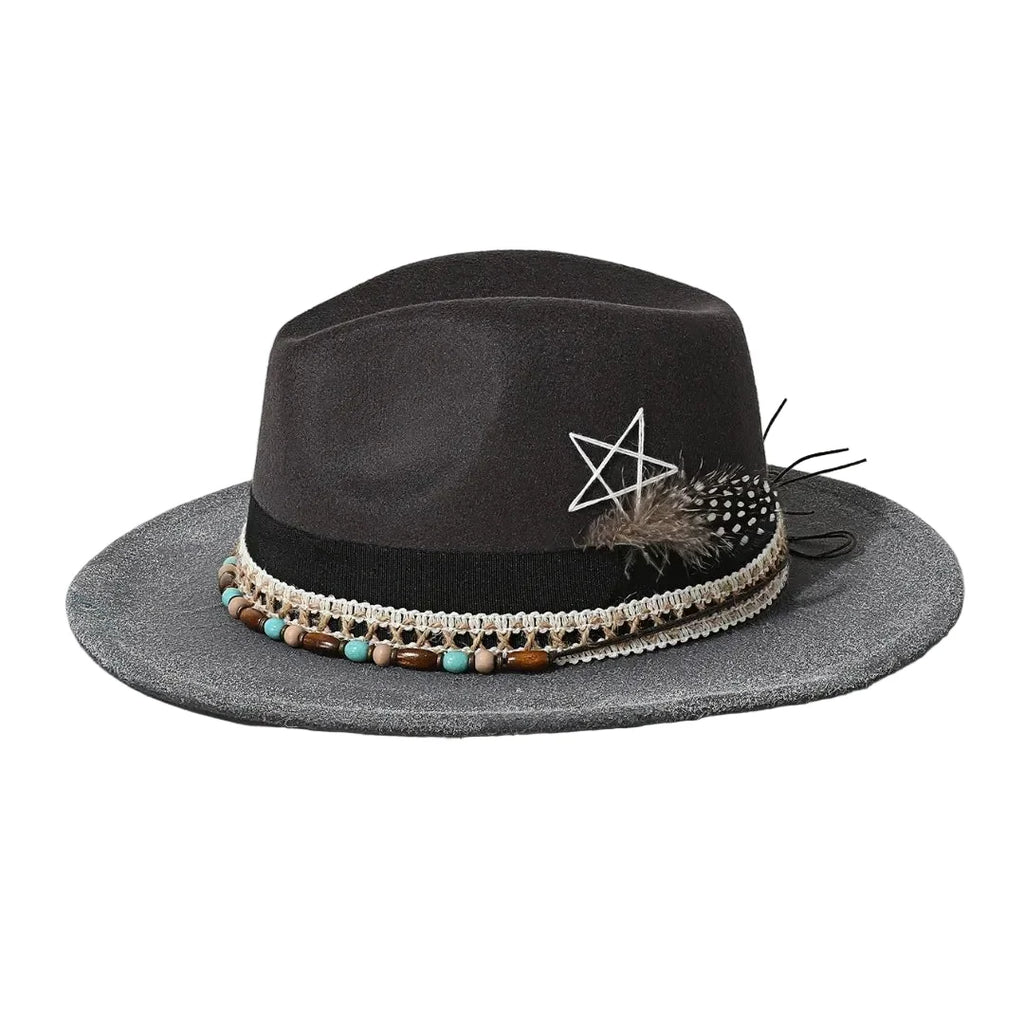 Handmade Bohemian Feather Stars Suede Fedora Hat