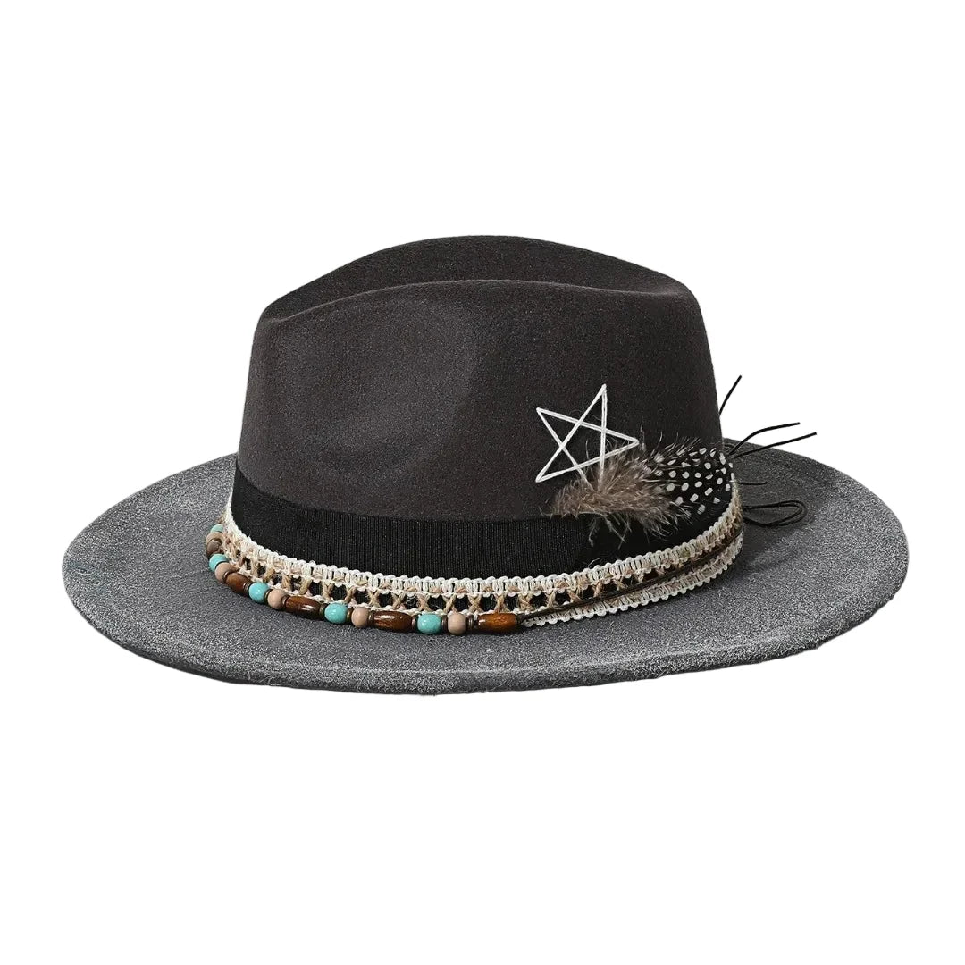 Handmade Bohemian Feather Stars Suede Fedora Hat