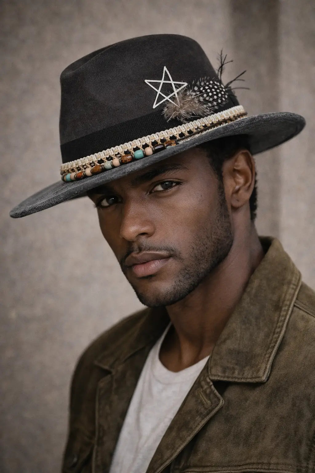 Handmade Bohemian Feather Stars Suede Fedora Hat