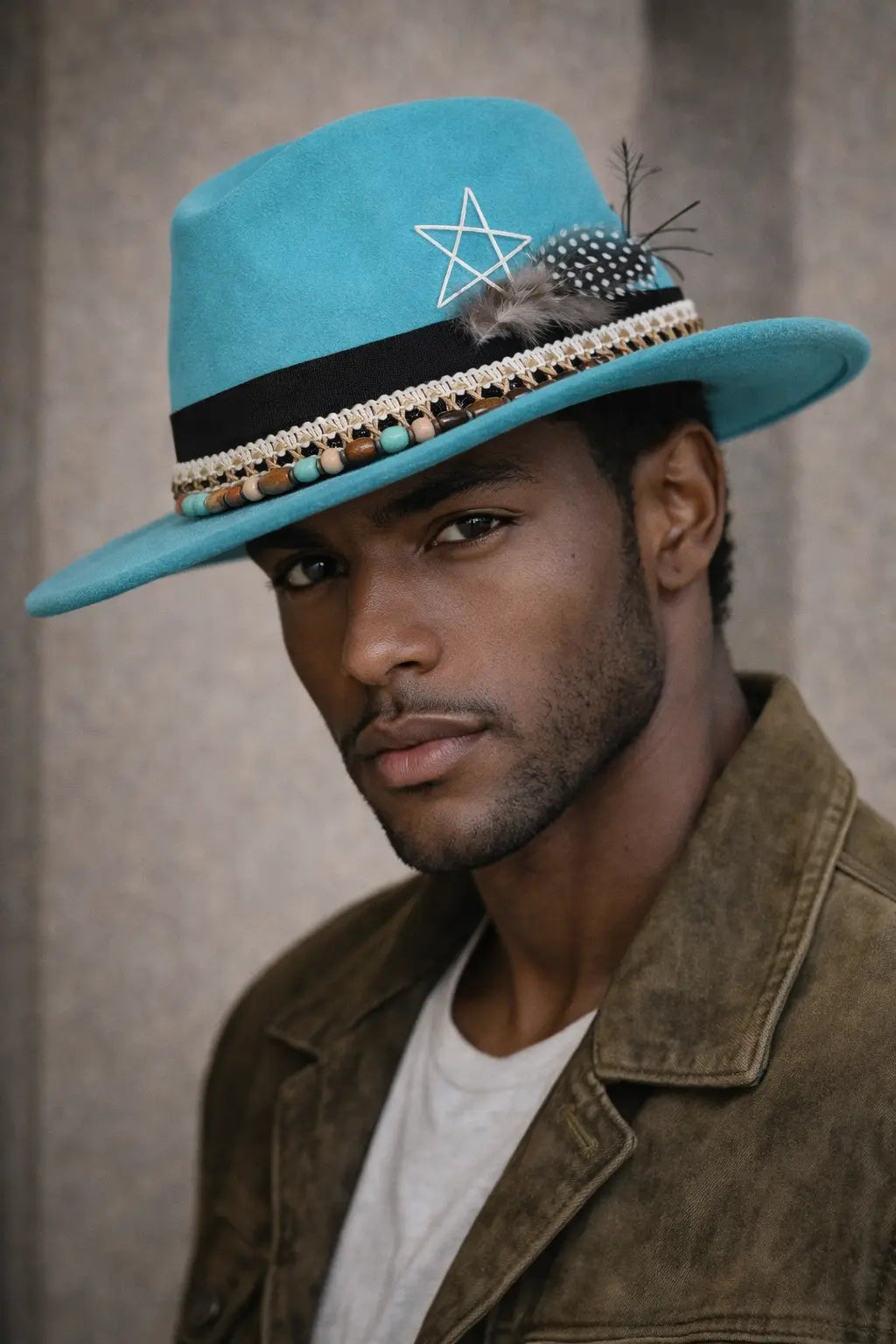 Handmade Bohemian Feather Stars Suede Fedora Hat