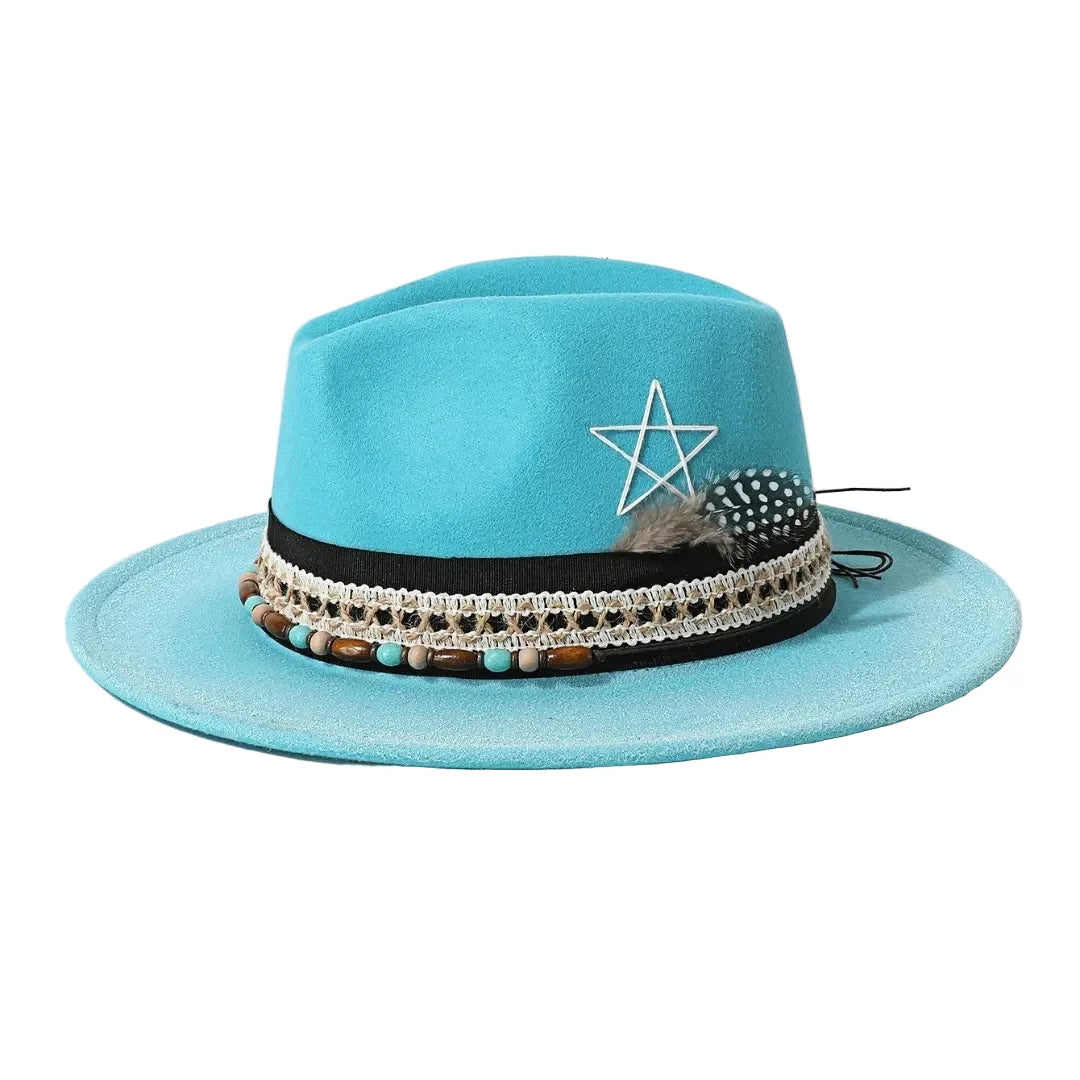Handmade Bohemian Feather Stars Suede Fedora Hat
