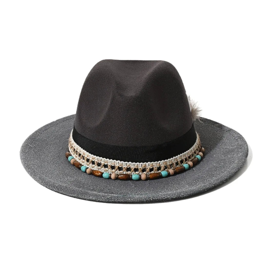 Handmade Bohemian Feather Stars Suede Fedora Hat