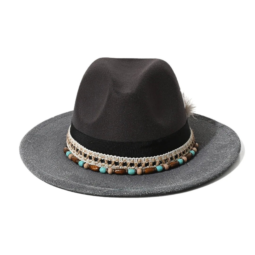 Handmade Bohemian Feather Stars Suede Fedora Hat