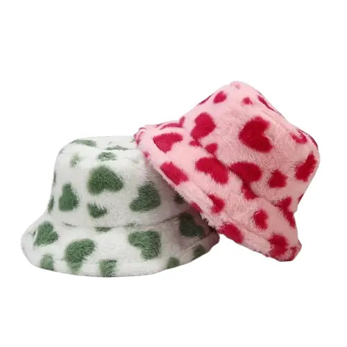 Hearts Print Winter Fur Bucket Hat