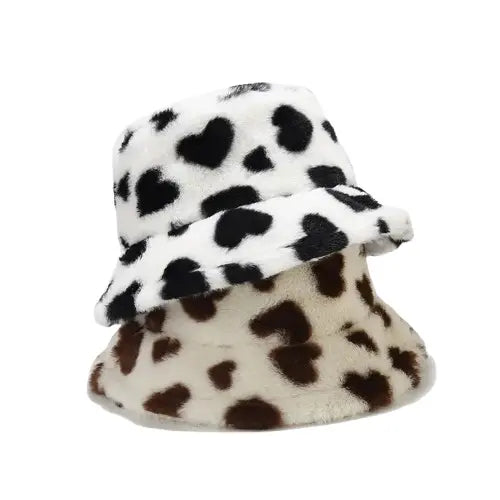Hearts Print Winter Fur Bucket Hat