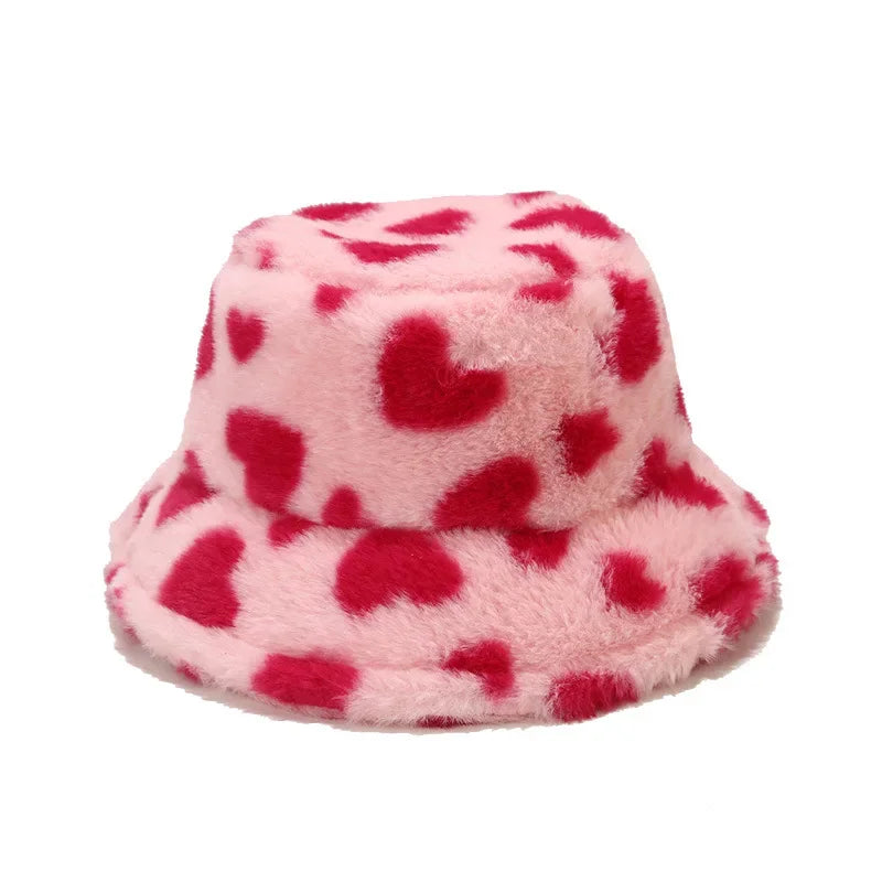 Hearts Print Winter Fur Bucket Hat
