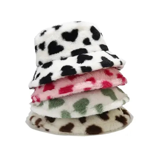 Hearts Print Winter Fur Bucket Hat