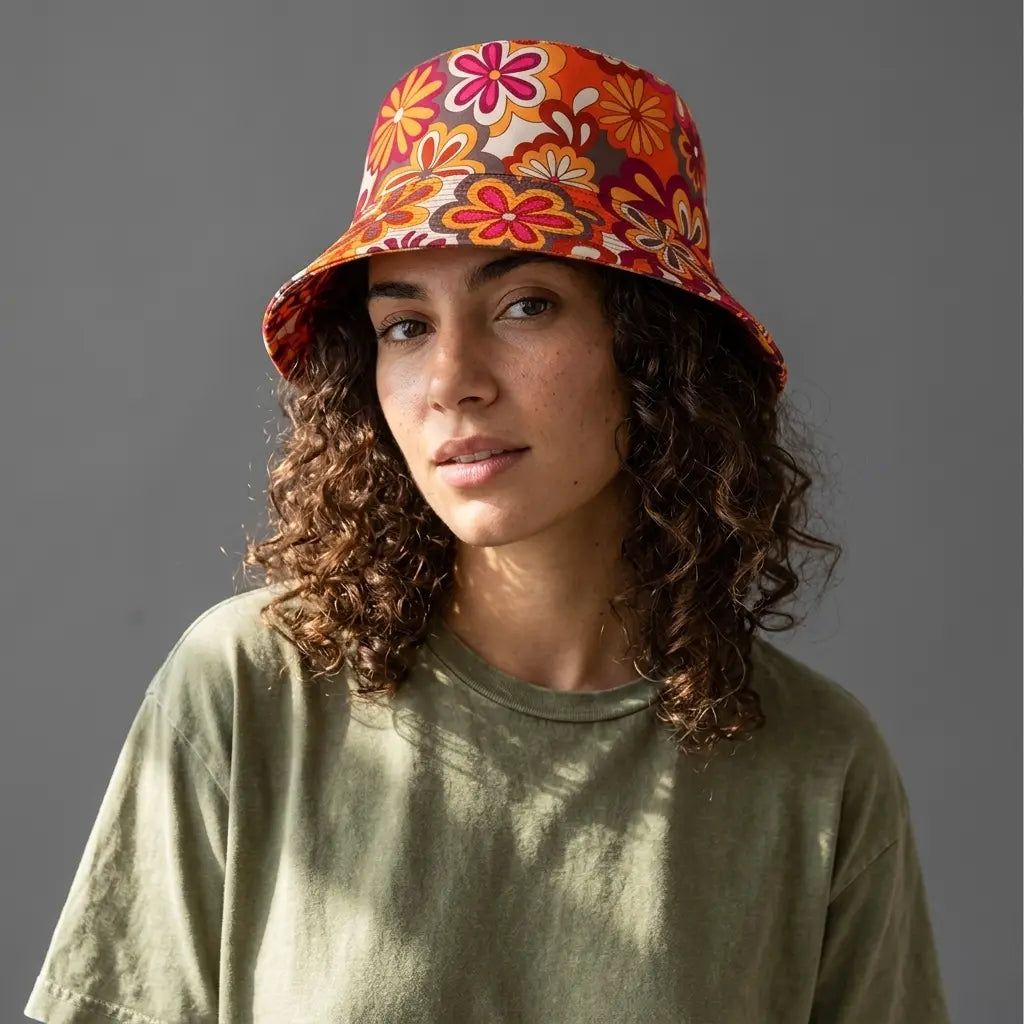 Hippie Flowers Red Reversible Bucket Hat