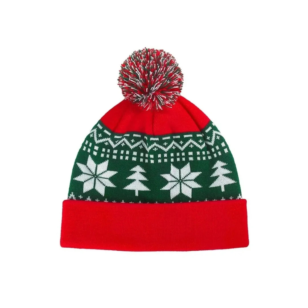Holly Snowflake Christmas PomPom Cotton Beanie