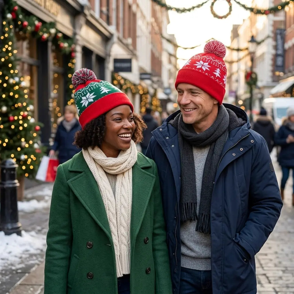 Holly Snowflake Christmas PomPom Cotton Beanie
