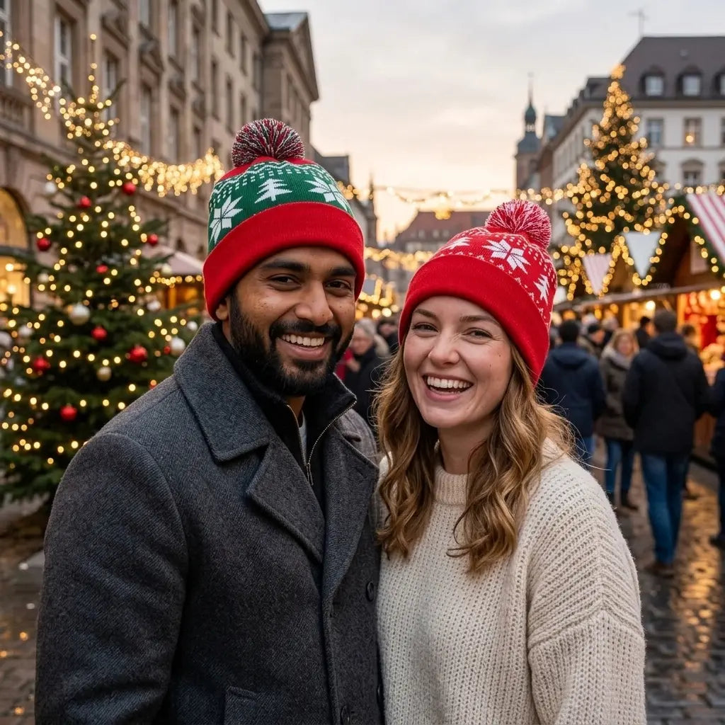 Holly Snowflake Christmas PomPom Cotton Beanie