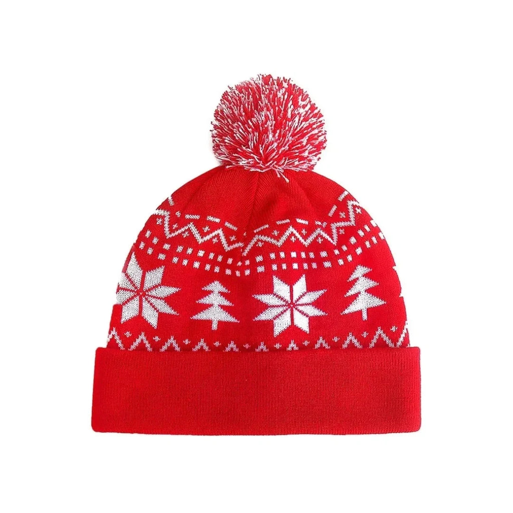 Holly Snowflake Christmas PomPom Cotton Beanie