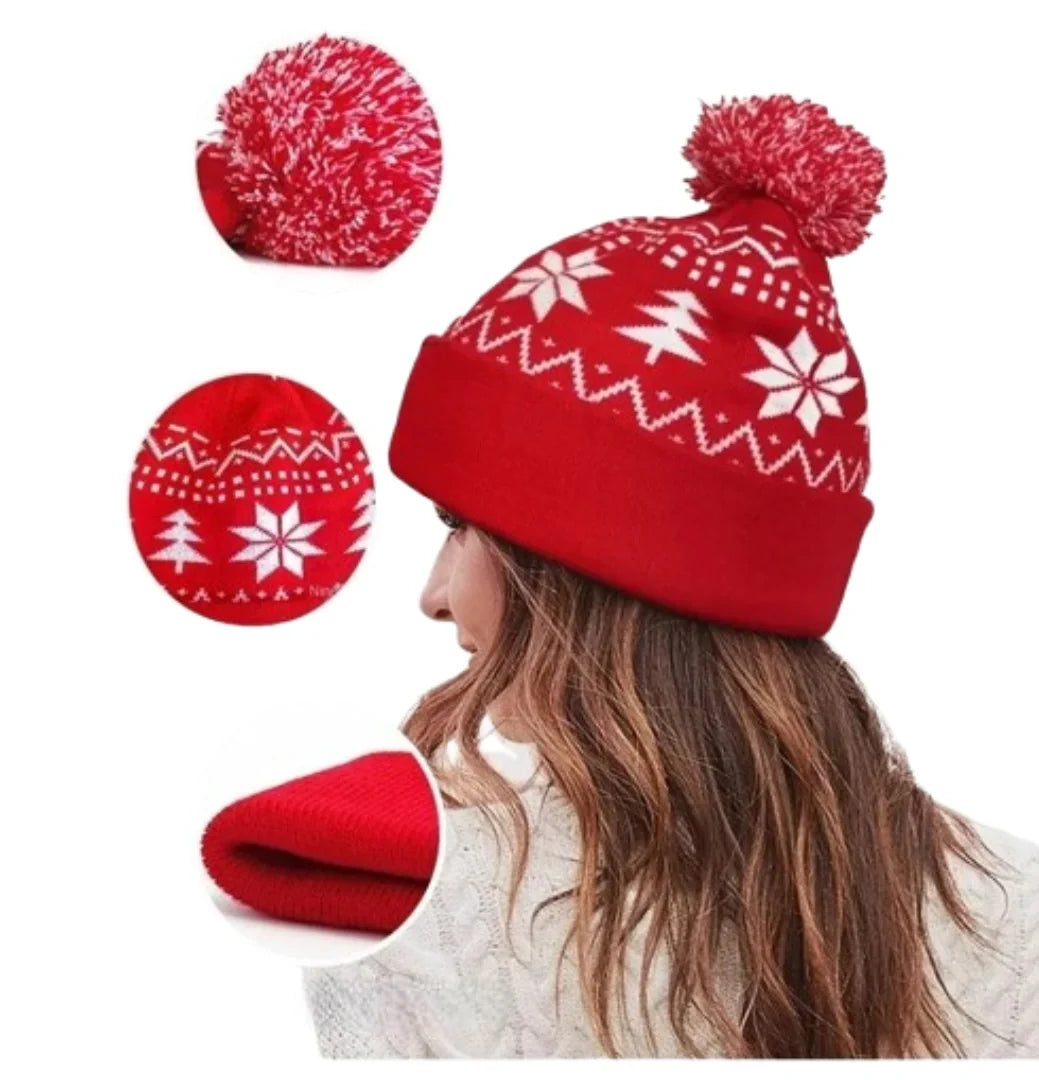 Holly Snowflake Christmas PomPom Cotton Beanie