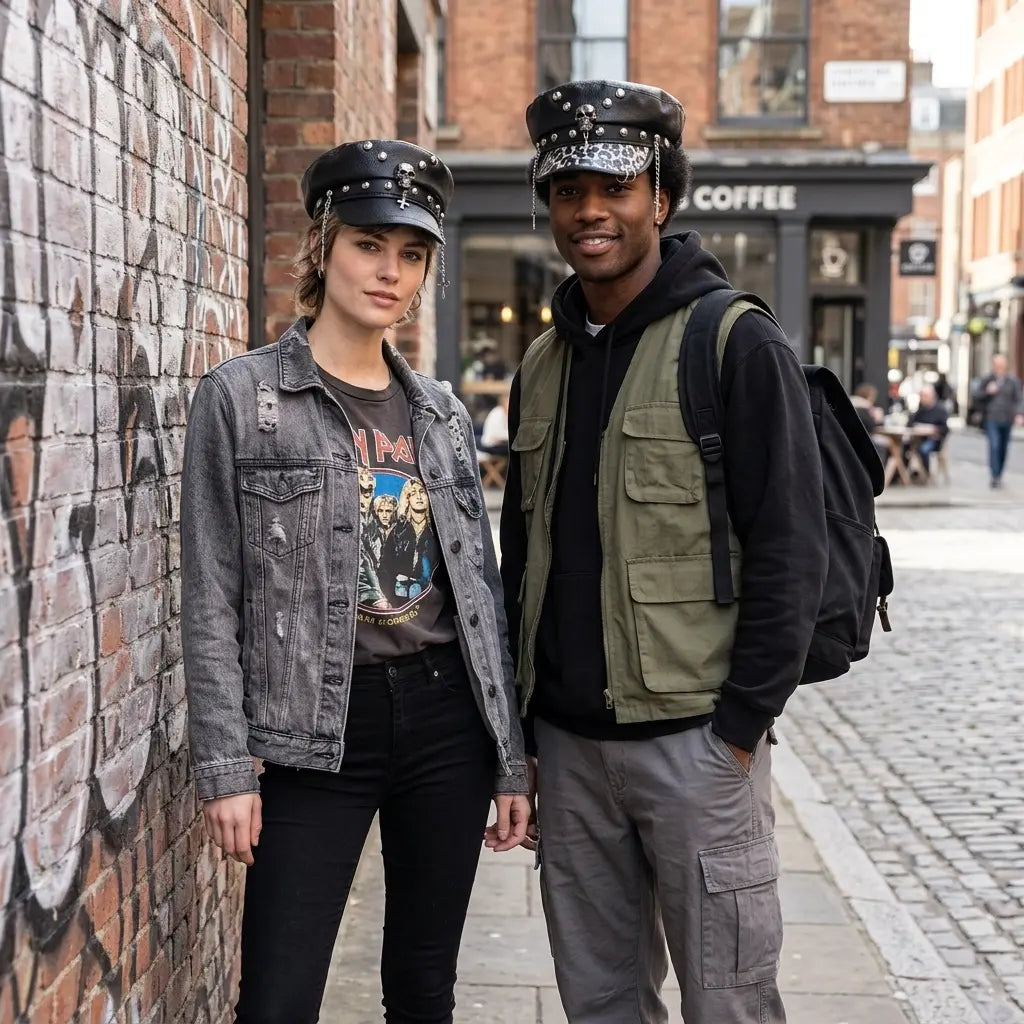 Holy Death Steampunk Black Leather Sailor Cap