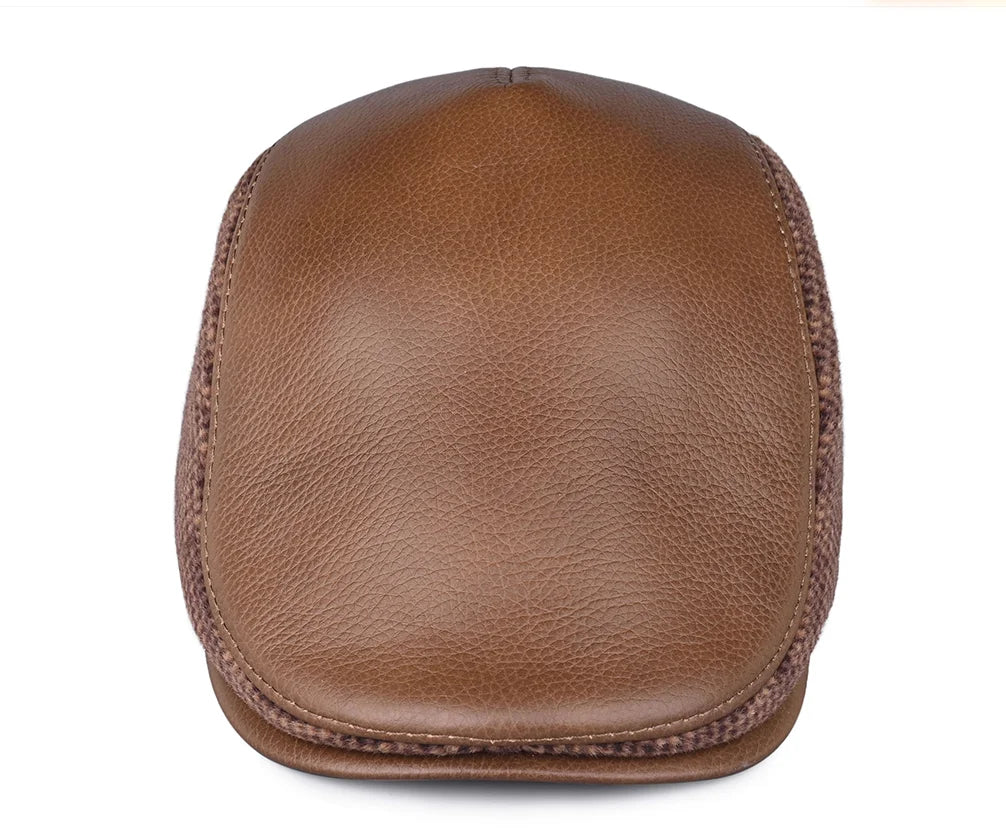JM Houndstooth Genuine Leather Duckbill Flat Cap