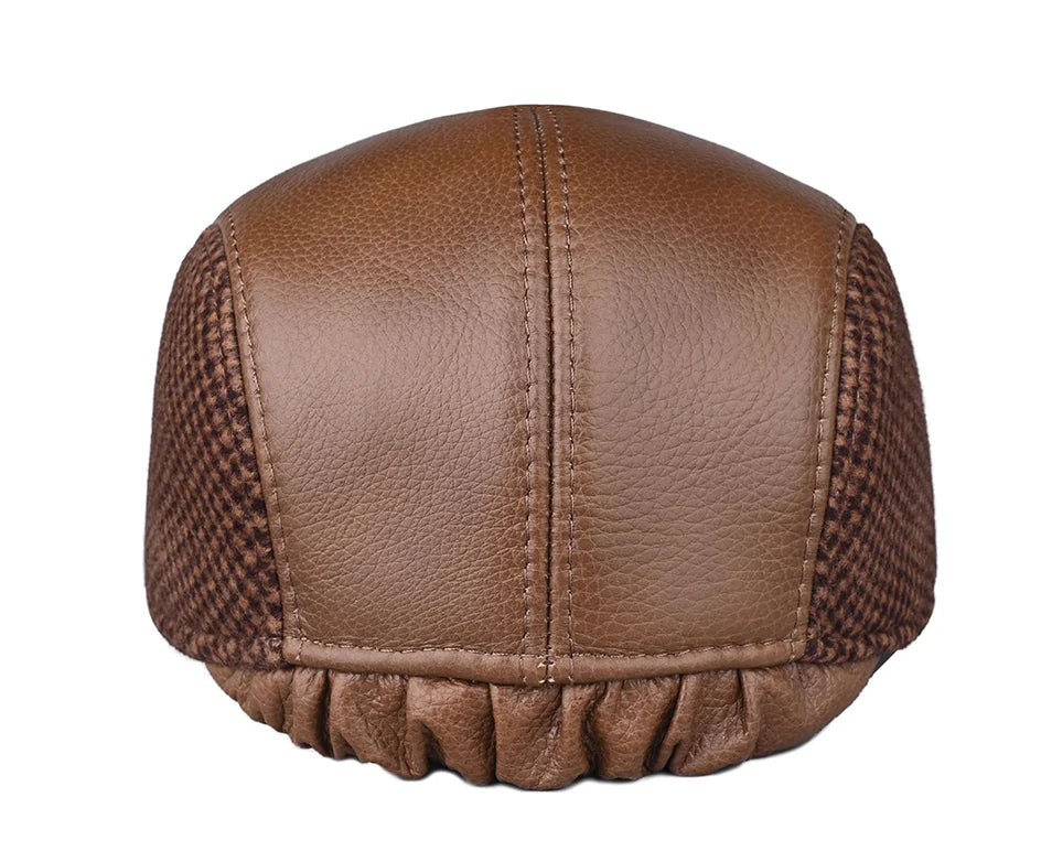 JM Houndstooth Genuine Leather Duckbill Flat Cap