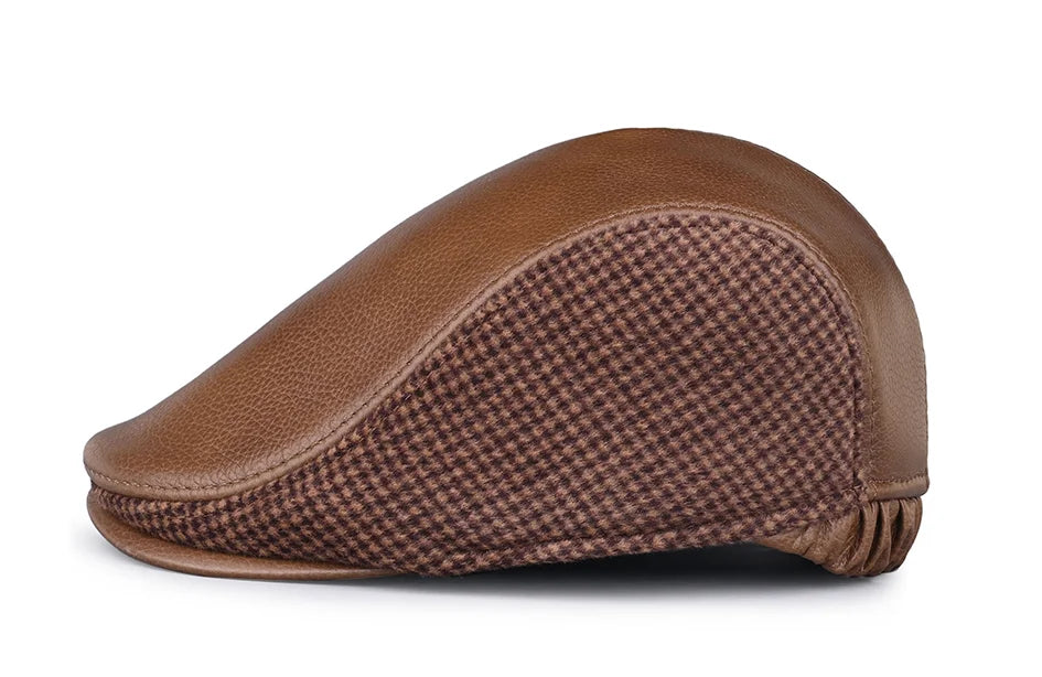 JM Houndstooth Genuine Leather Duckbill Flat Cap