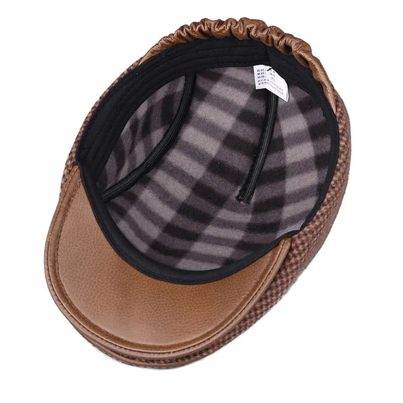 JM Houndstooth Genuine Leather Duckbill Flat Cap