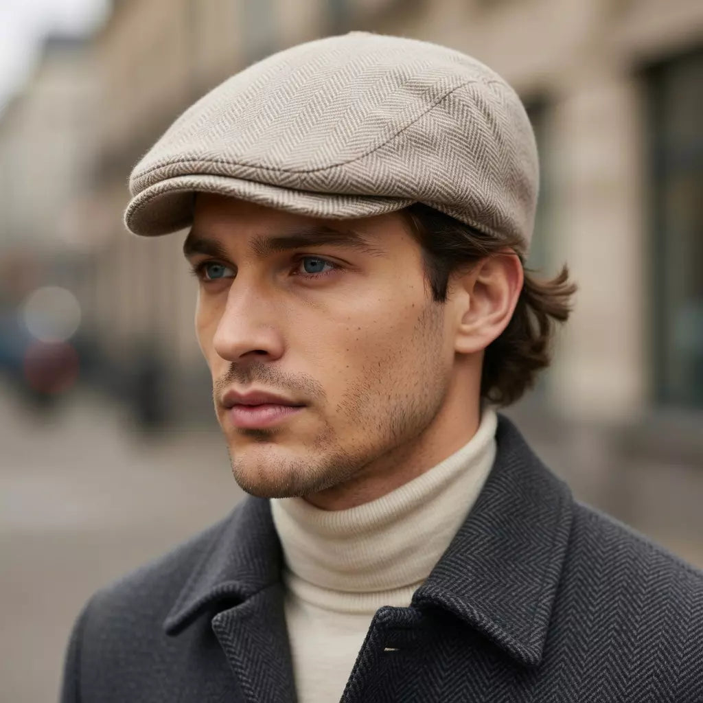JM Herringbone Linen Flat Cap