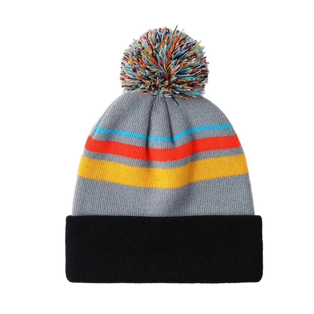 Jacquard Pompom Multicolor Striped Beanie