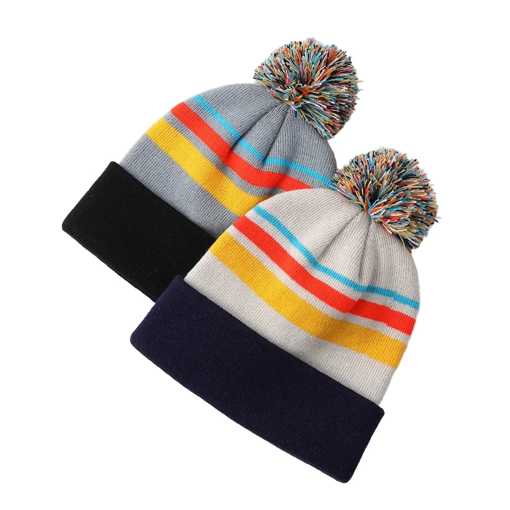 Jacquard Pompom Multicolor Striped Beanie