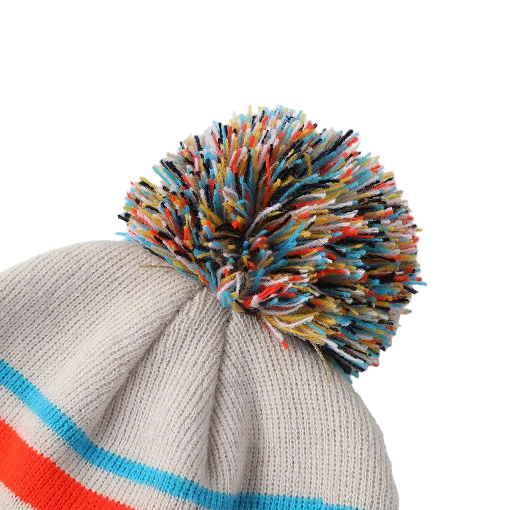 Jacquard Pompom Multicolor Striped Beanie