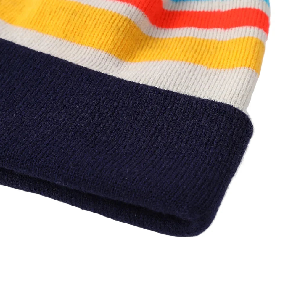 Jacquard Pompom Multicolor Striped Beanie