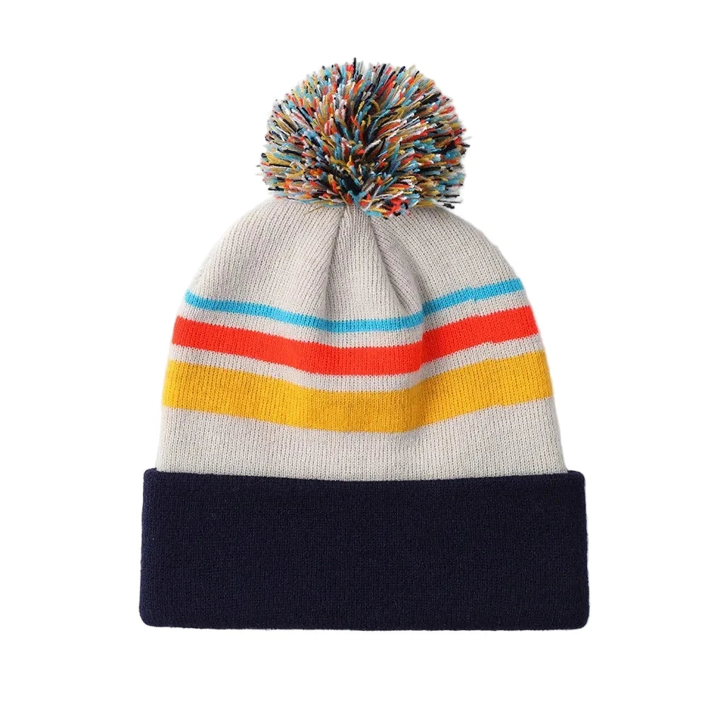 Jacquard Pompom Multicolor Striped Beanie