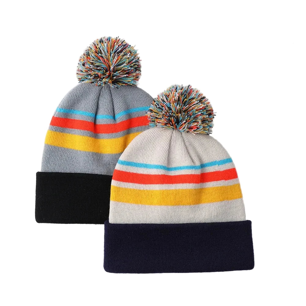 Jacquard Pompom Multicolor Striped Beanie