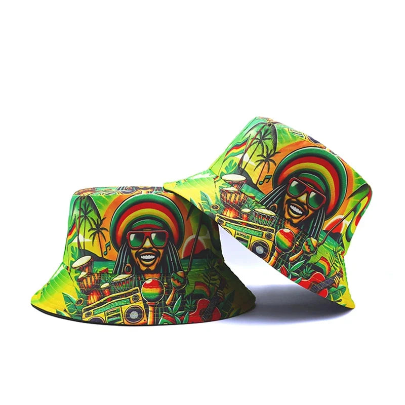 Jamaican Rastaman Green Reversible Bucket Hat