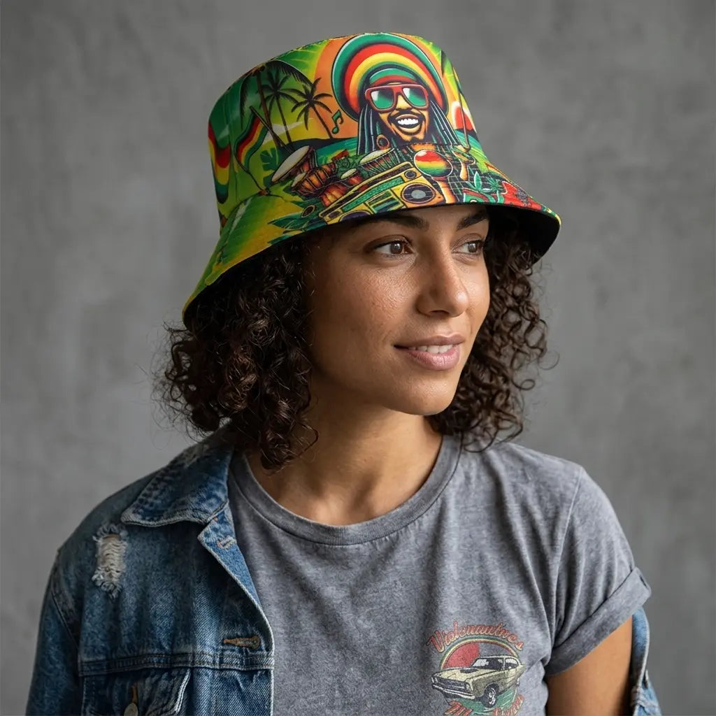 Jamaican Rastaman Green Reversible Bucket Hat