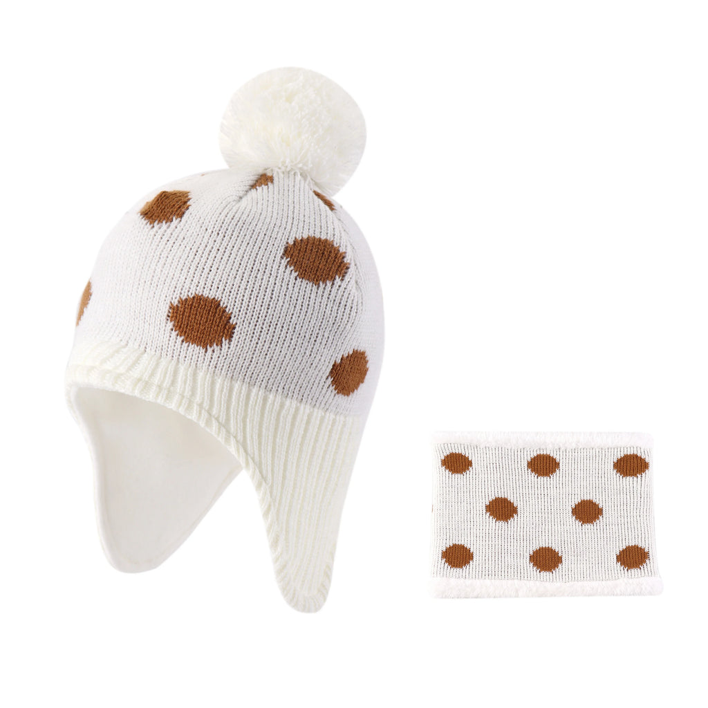 Kids Winter Dotted Earflaps Pom-Pom Beanie