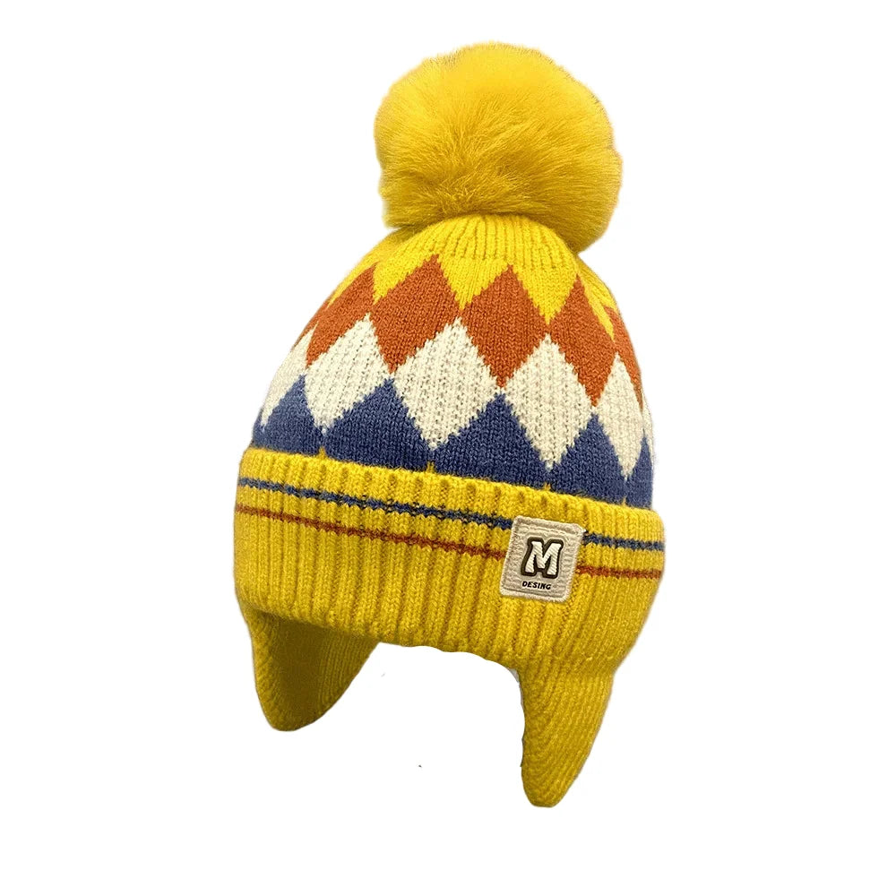 Kids Winter Rhombus Pom-Pom Earflaps Beanie