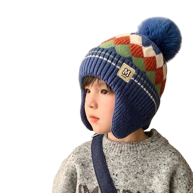 Kids Winter Rhombus Pom-Pom Earflaps Beanie