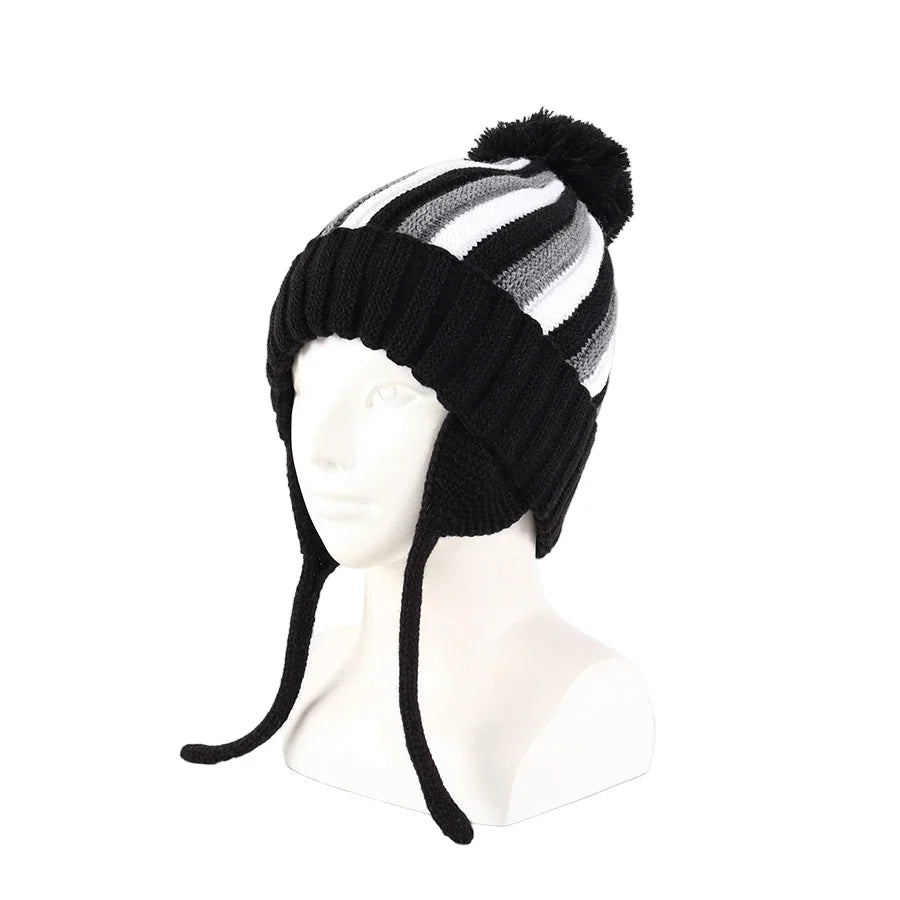 Kids Winter Striped Pom-Pom Earflap Beanie