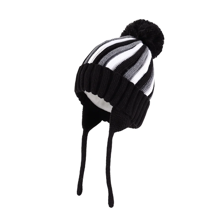 Kids Winter Striped Pom-Pom Earflap Beanie