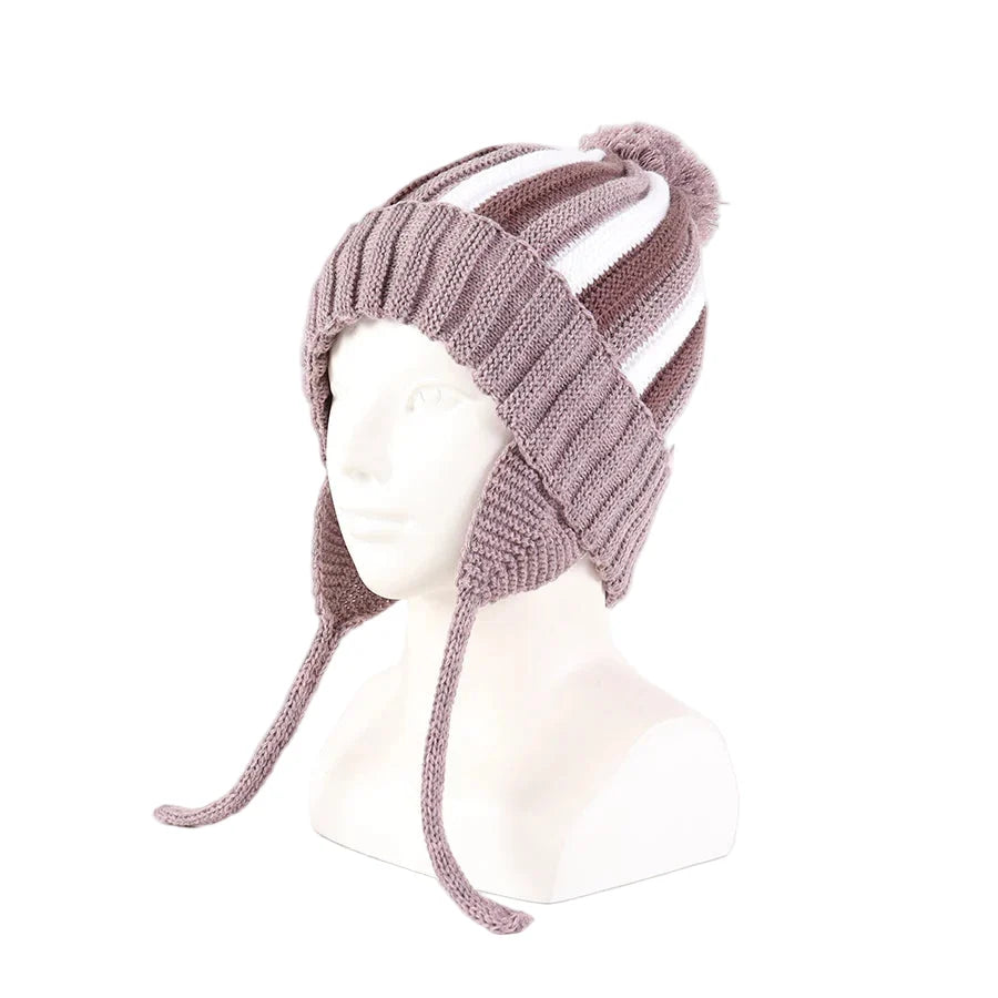 Kids Winter Striped Pom-Pom Earflap Beanie