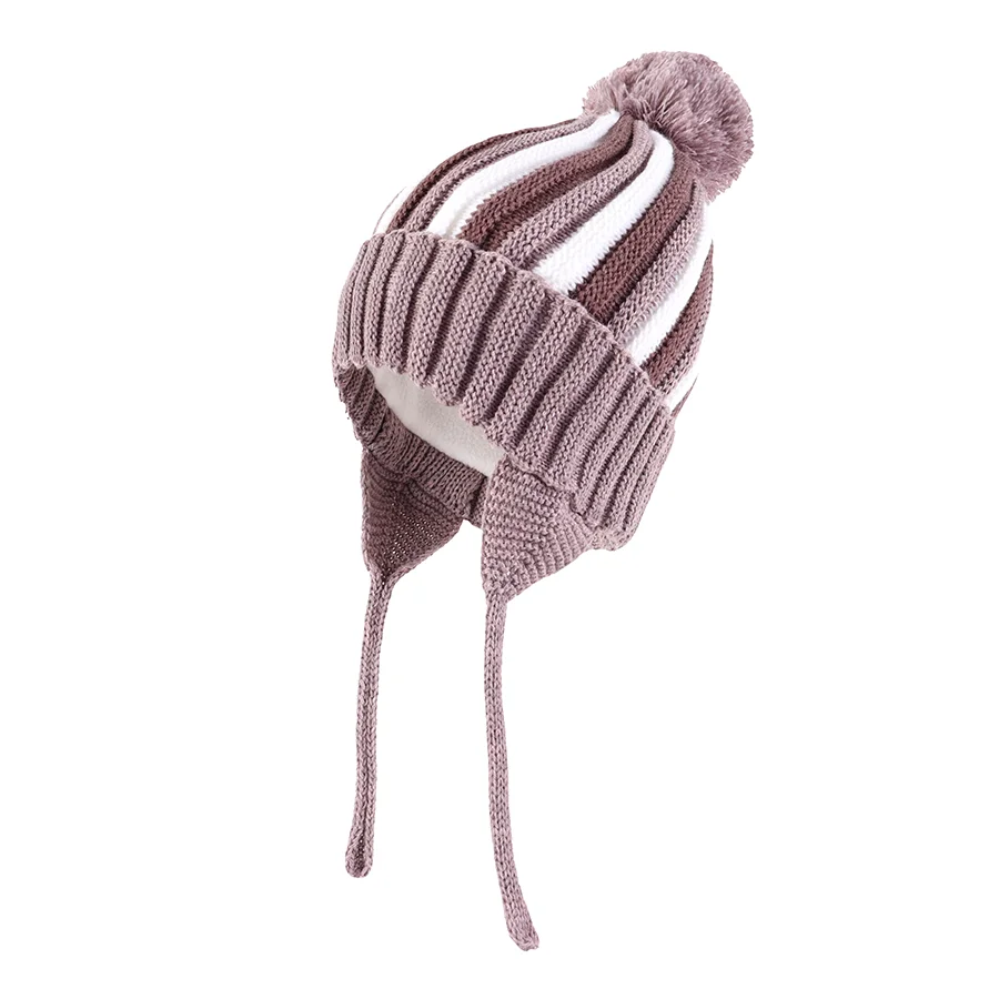 Kids Winter Striped Pom-Pom Earflap Beanie