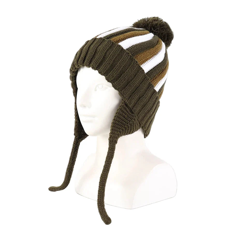 Kids Winter Striped Pom-Pom Earflap Beanie