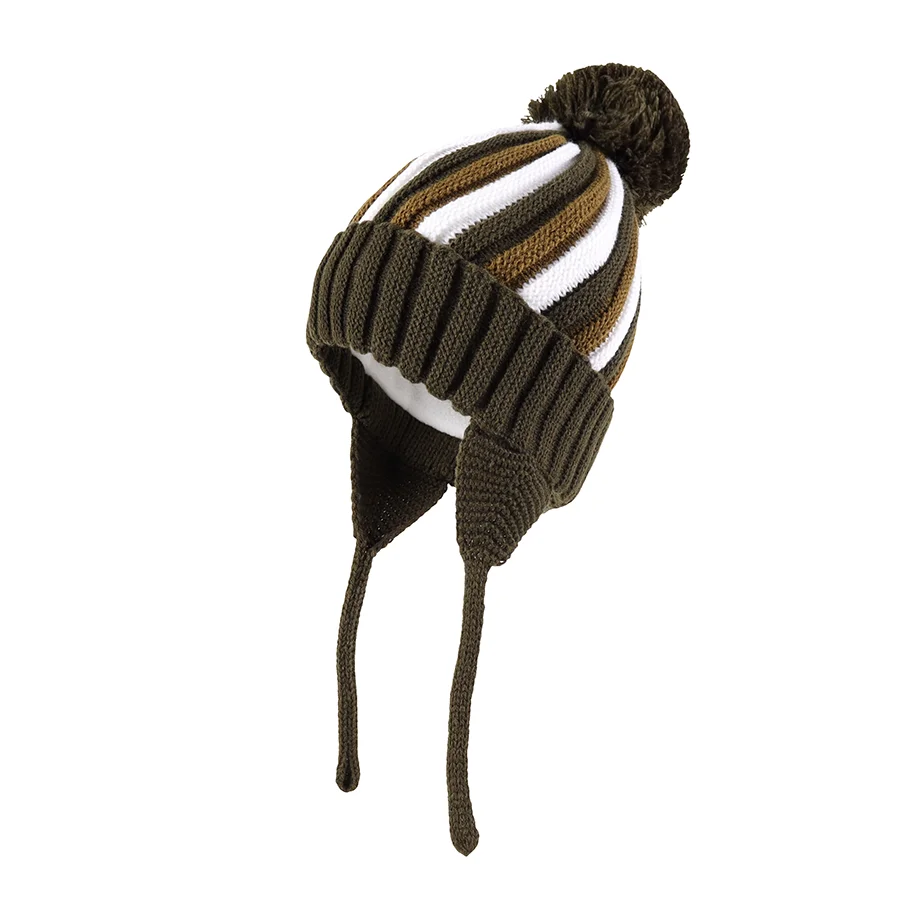 Kids Winter Striped Pom-Pom Earflap Beanie