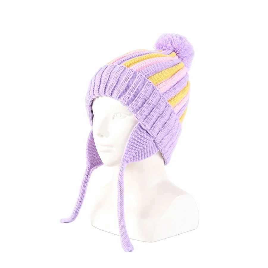 Kids Winter Striped Pom-Pom Earflap Beanie