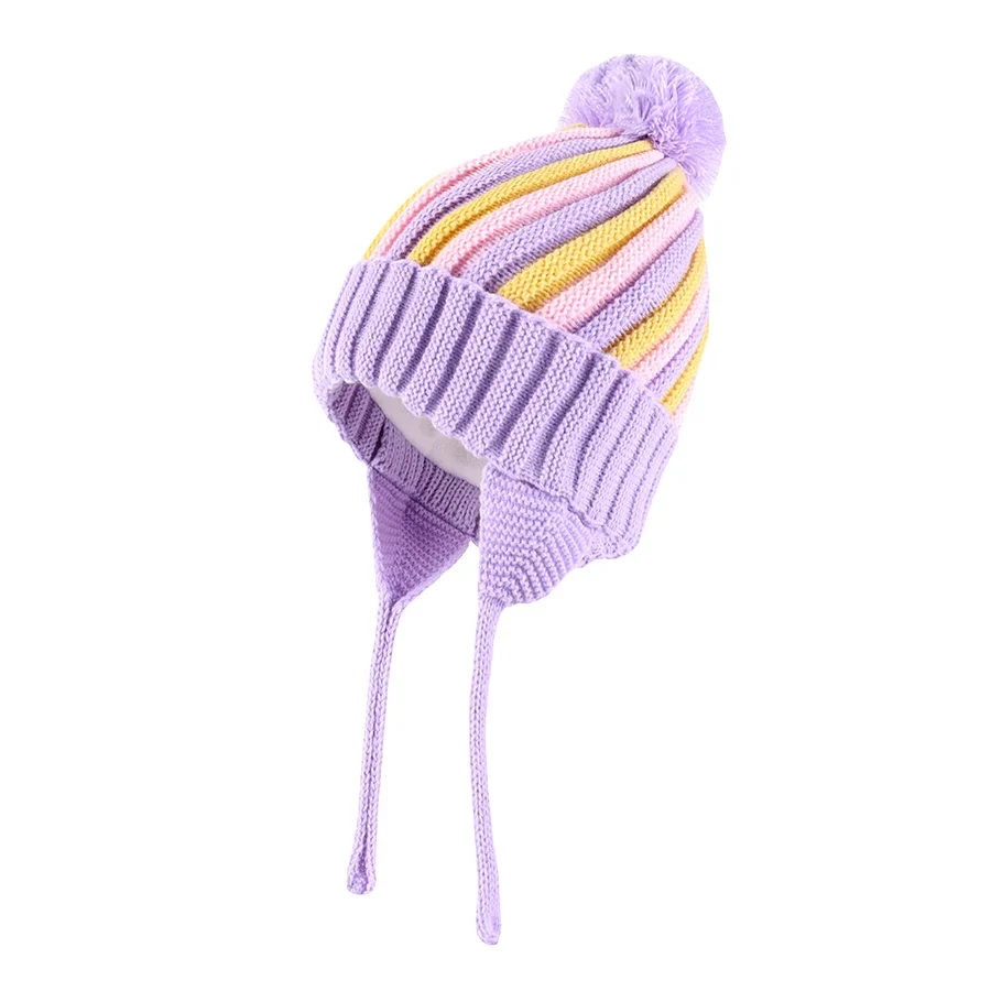 Kids Winter Striped Pom-Pom Earflap Beanie