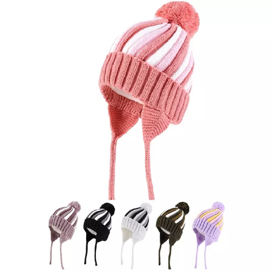Kids Winter Striped Pom-Pom Earflap Beanie
