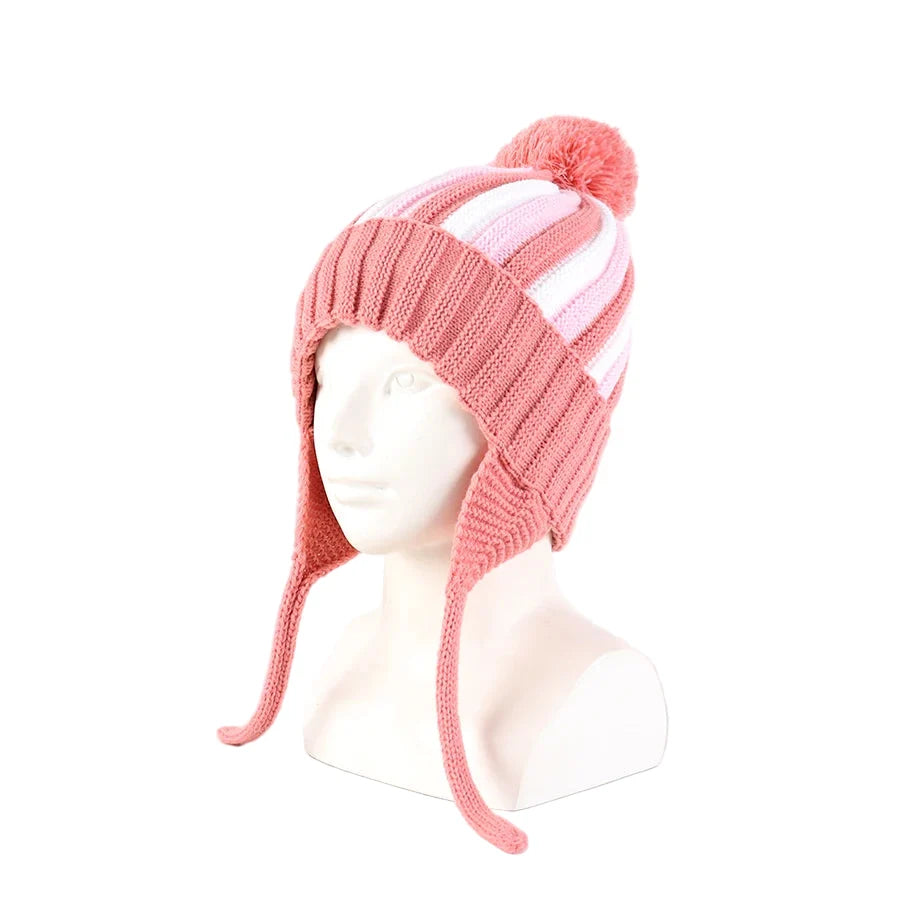 Kids Winter Striped Pom-Pom Earflap Beanie