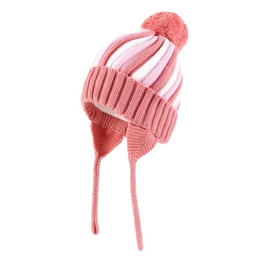 Kids Winter Striped Pom-Pom Earflap Beanie