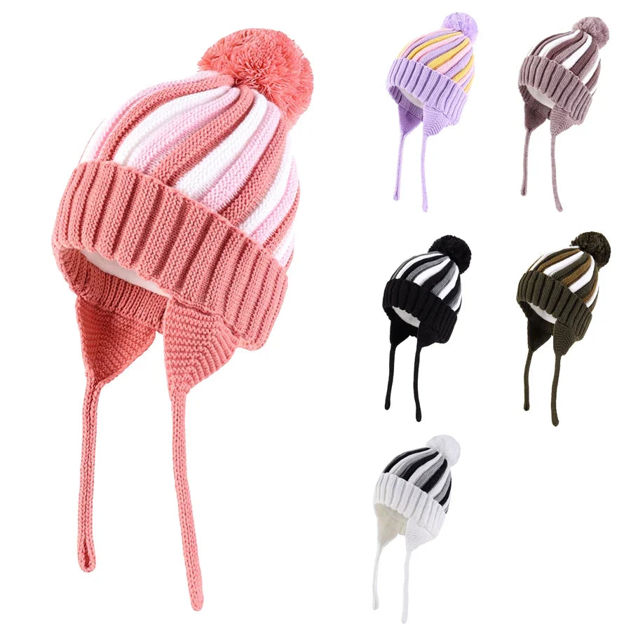Kids Winter Striped Pom-Pom Earflap Beanie