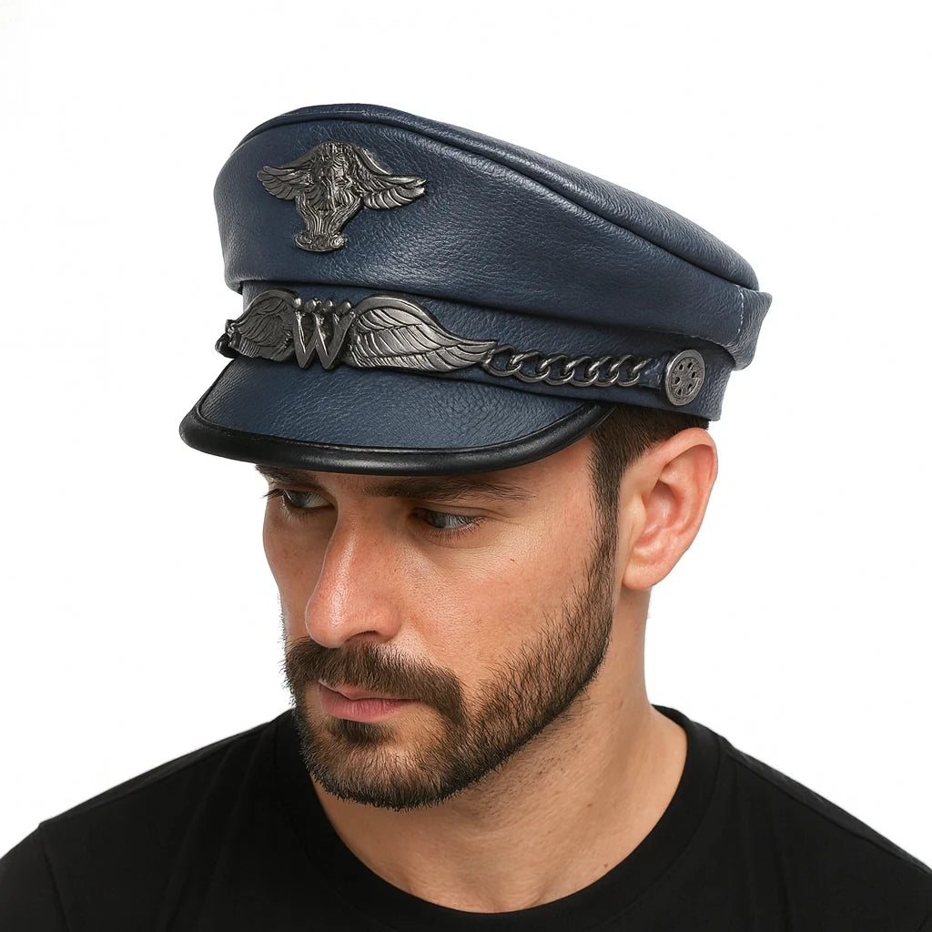 LWY Blue Genuine Leather Military Sailor Cap
