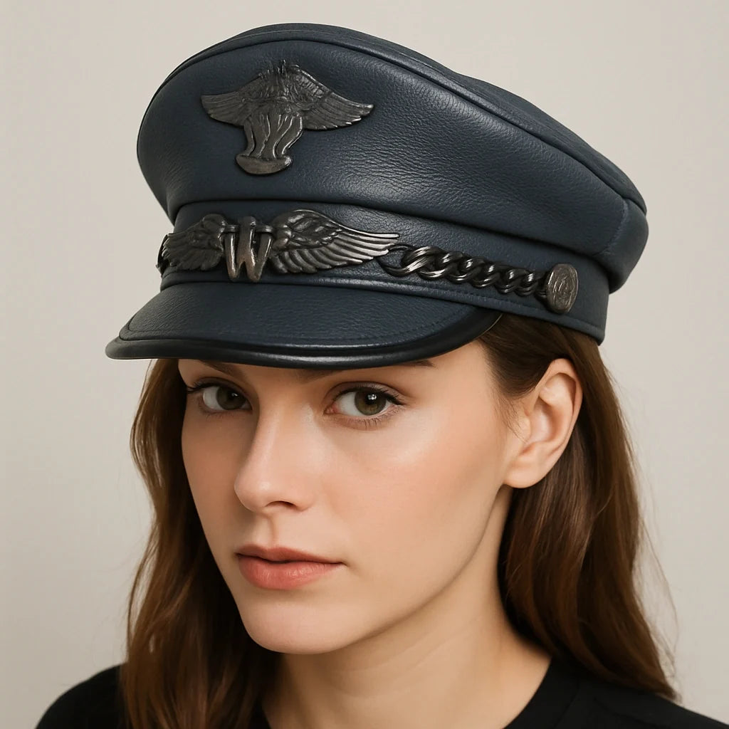 LWY Blue Genuine Leather Military Sailor Cap